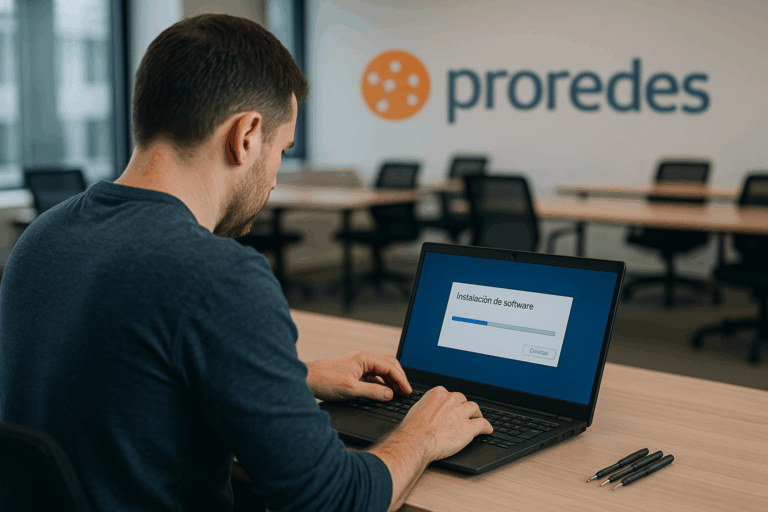 Técnico de proredes instalando software