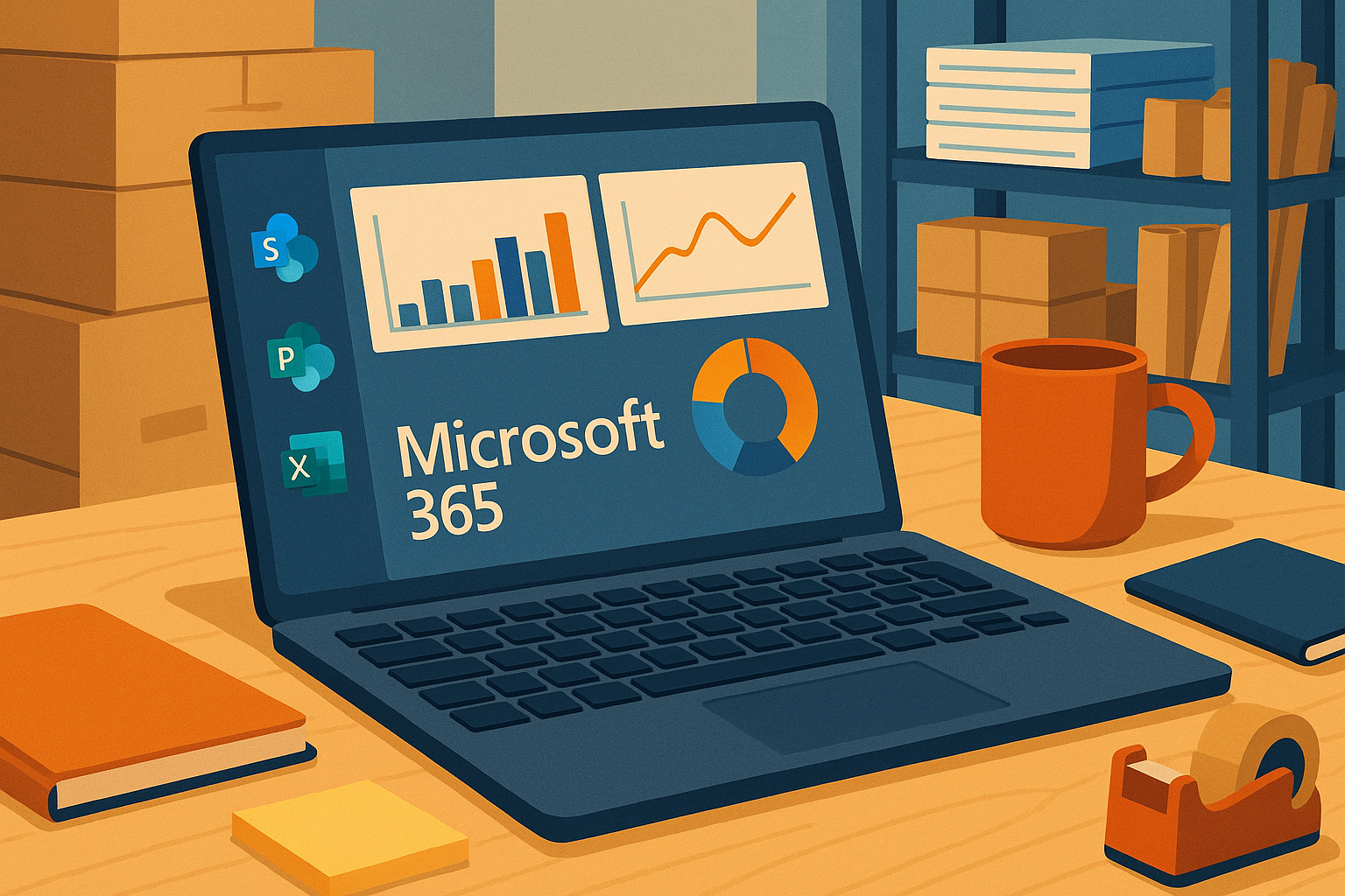 Ilustración de un portátil en un escritorio mostrando aplicaciones y gráficos de Microsoft 365 en pantalla, dentro de una oficina con cajas y material de papelería al fondo.