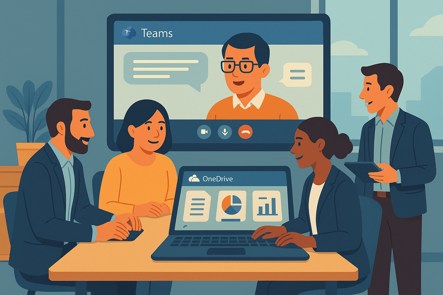 Ilustración de un equipo de trabajo en una sala de reuniones, conectados a una videollamada en Microsoft Teams mientras comparten documentos y gráficos en OneDrive desde un portátil.