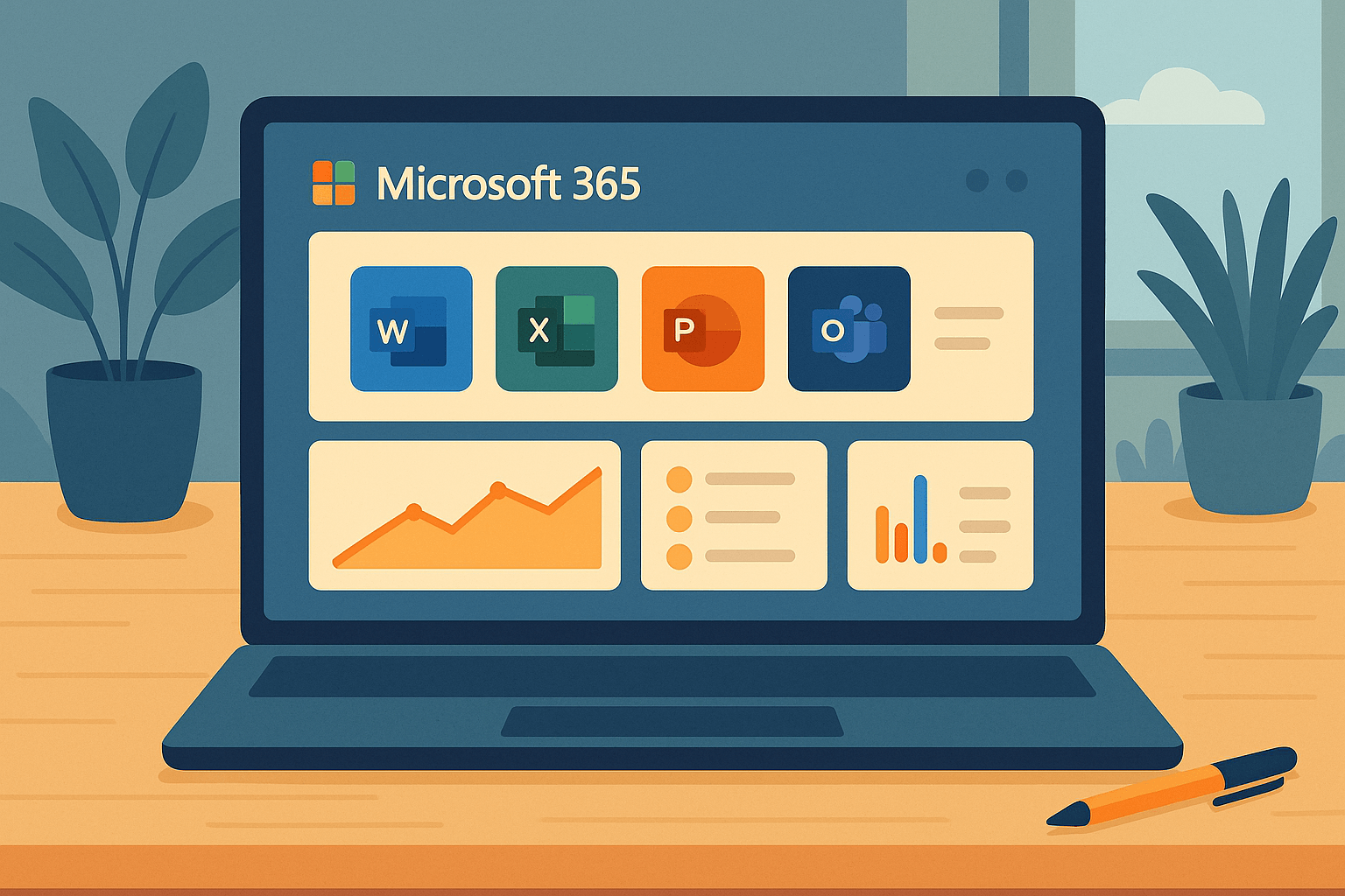 Ilustración de un portátil mostrando aplicaciones de Microsoft 365 como Word, Excel, PowerPoint, Outlook y Teams, representando herramientas de productividad y colaboración en la nube.