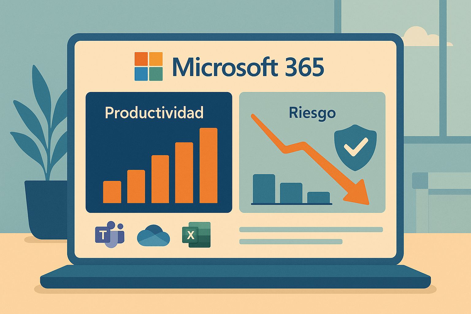 Ilustración de un portátil mostrando un panel de Microsoft 365 con gráficos que reflejan aumento de productividad y reducción de riesgos, junto a iconos de Teams, OneDrive y Excel.