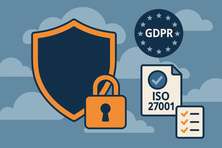 Ilustración con un escudo y un candado representando seguridad digital, junto a los símbolos de GDPR e ISO 27001, que reflejan cumplimiento normativo y protección de datos en la nube.