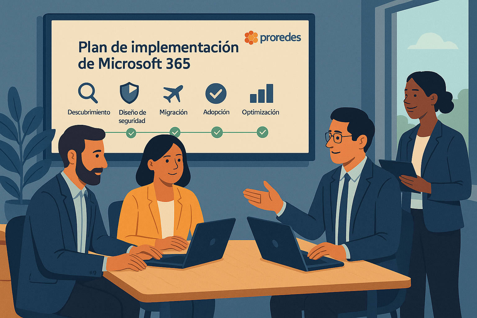 Ilustración de un equipo de trabajo en una sala de reuniones con una presentación en pantalla que muestra el plan de implementación de Microsoft 365: descubrimiento, diseño de seguridad, migración, adopción y optimización, con el logo de ProRedes.