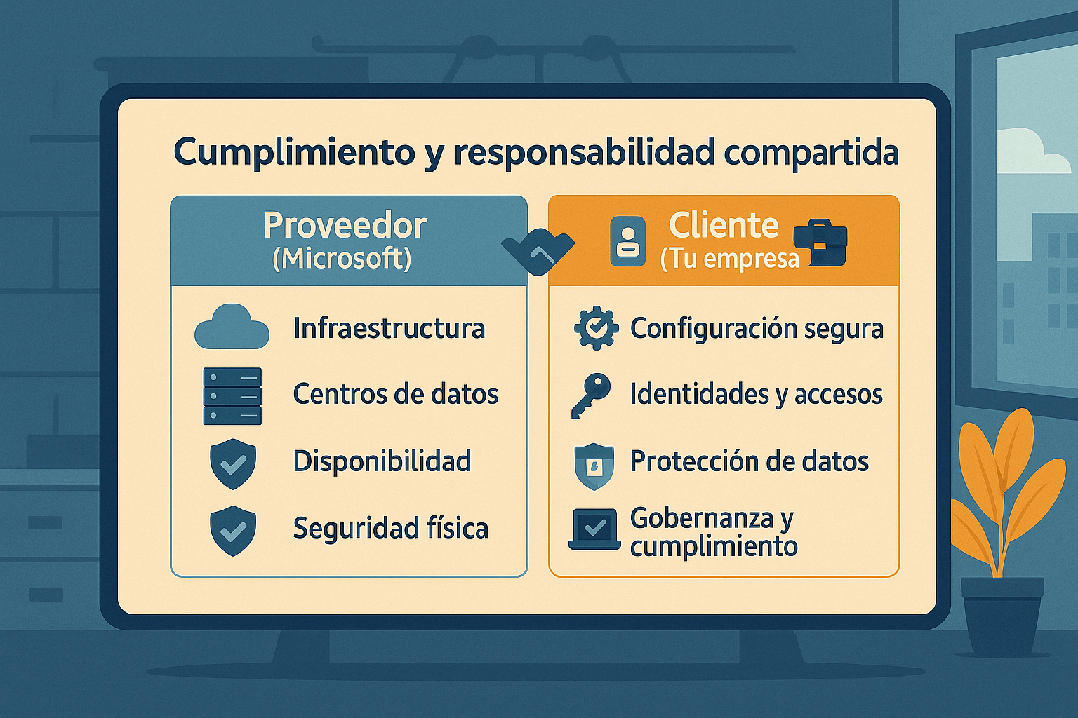Ilustración de una pantalla mostrando un esquema de cumplimiento y responsabilidad compartida, donde Microsoft se encarga de infraestructura, centros de datos, disponibilidad y seguridad física, mientras que el cliente gestiona configuración segura, identidades y accesos, protección de datos y gobernanza.