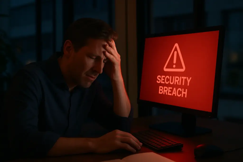 Usuario preocupado con una pantalla que dice security breach