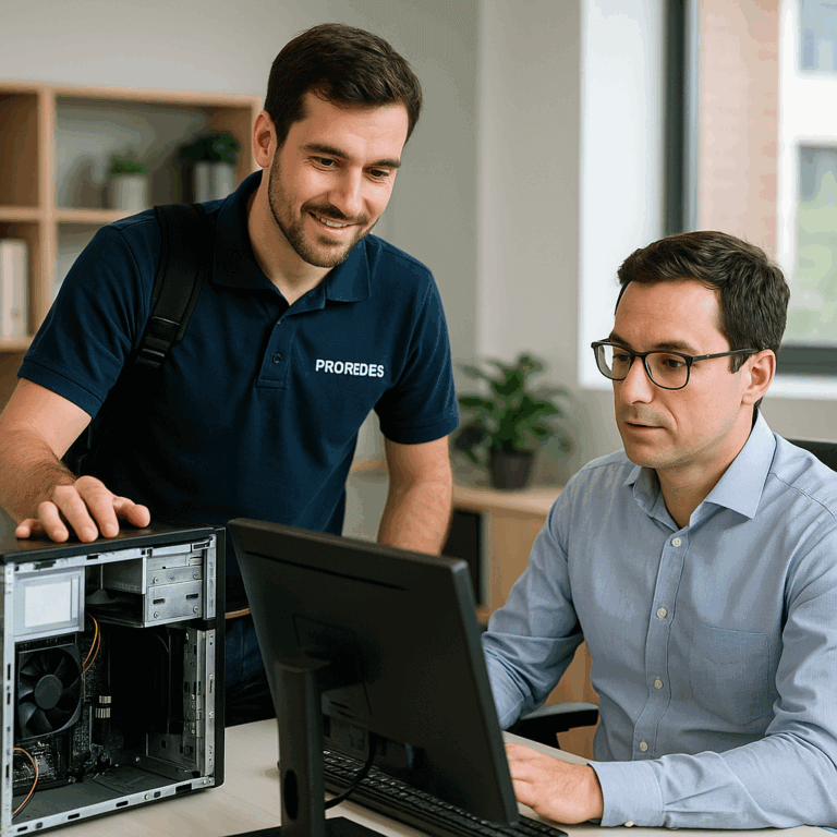 Técnico de ProRedes brindando asistencia a un cliente en oficina, revisando un equipo de escritorio abierto mientras el usuario trabaja frente al monitor.