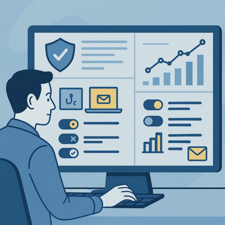 Ilustración estilo dibujo corporativo sin textos: analista frente a un monitor con dashboard de seguridad de correo mostrando gráficos, toggles y tarjetas de bloqueo de phishing y archivos; paleta azul/mostaza.
