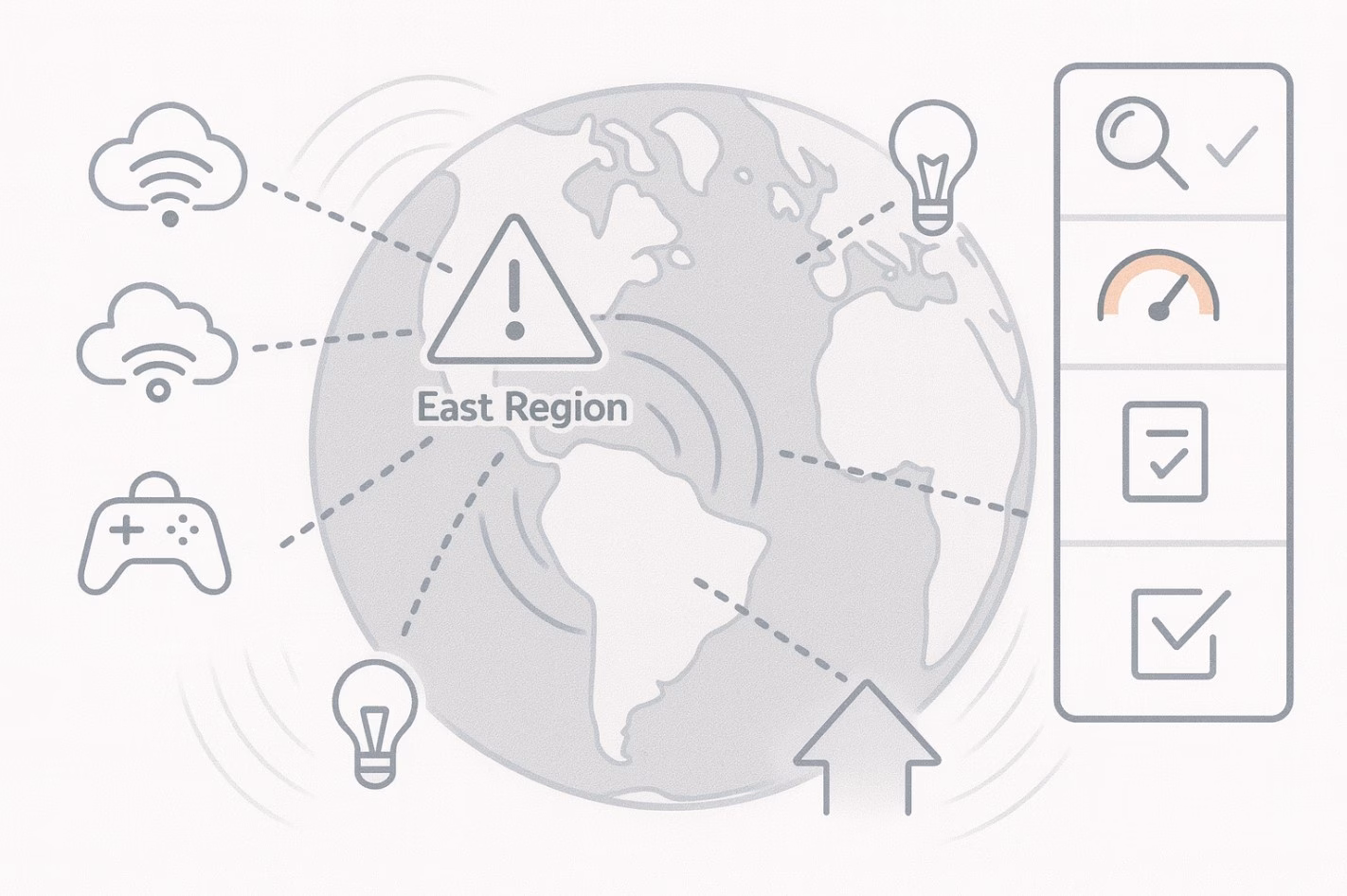 Mapa mundial con alerta en región Este de EE. UU., íconos de industrias y checklist de auditoría y resiliencia en Latam