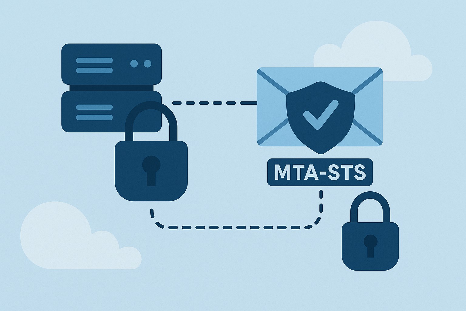 Dibujo corporativo sin textos incrustados que muestra servidores y un sobre protegido por un escudo, conectados por líneas punteadas simbolizando cifrado TLS y política MTA-STS; paleta azul clara.