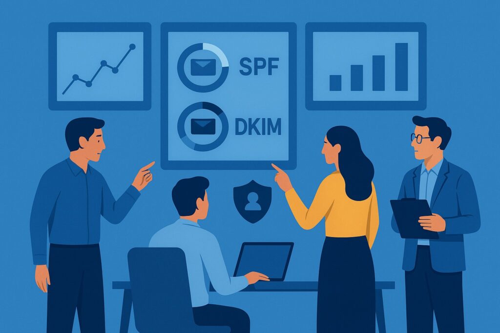 Ilustración corporativa de un equipo TI analizando paneles de seguridad de correo con métricas de SPF, DKIM y DMARC sobre fondo azul, estilo dibujo corporativo, Chile.