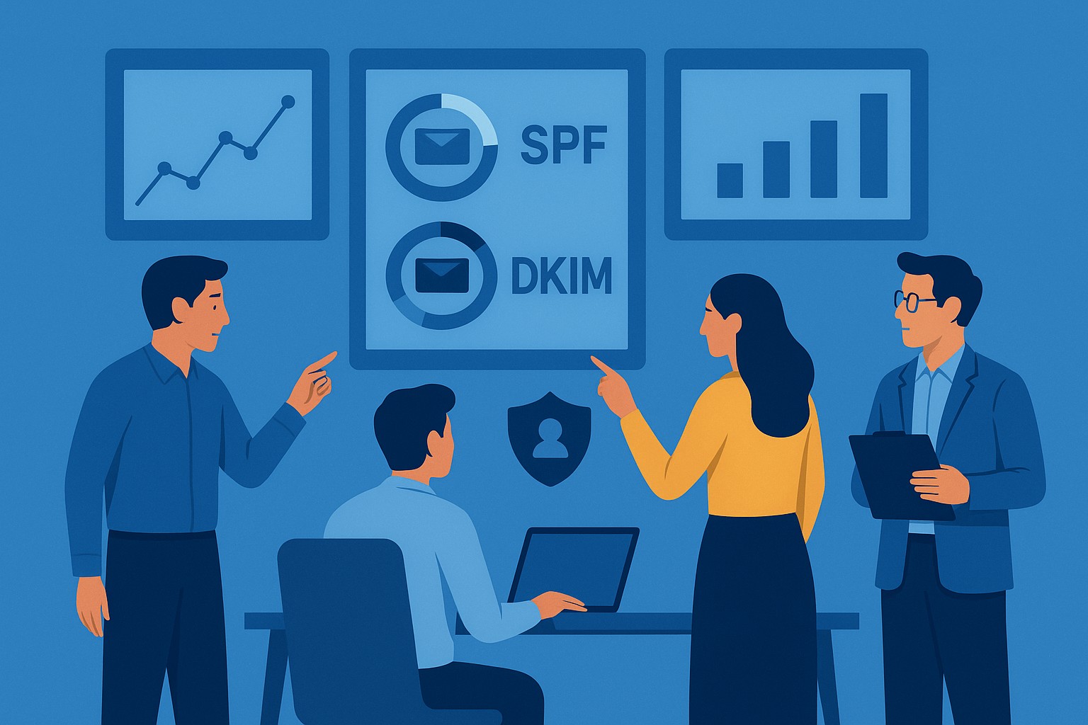 Ilustración corporativa de un equipo TI analizando paneles de seguridad de correo con métricas de SPF, DKIM y DMARC sobre fondo azul, estilo dibujo corporativo, Chile.