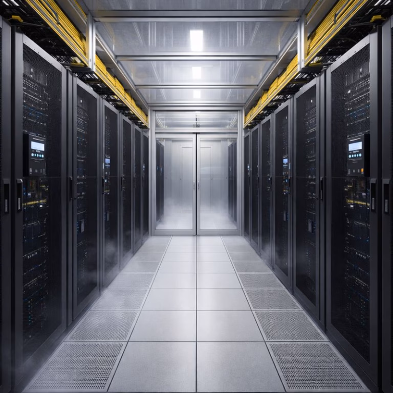 Pasillo frío en sala de servidores con contención, racks alineados y PDUs monitorizados