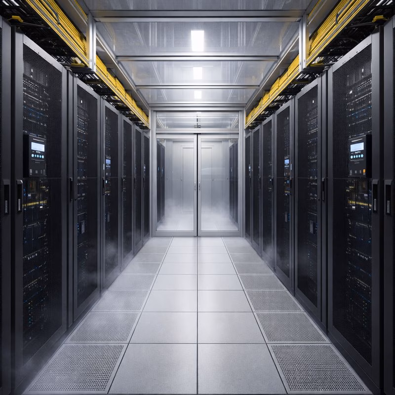 Pasillo frío en sala de servidores con contención, racks alineados y PDUs monitorizados