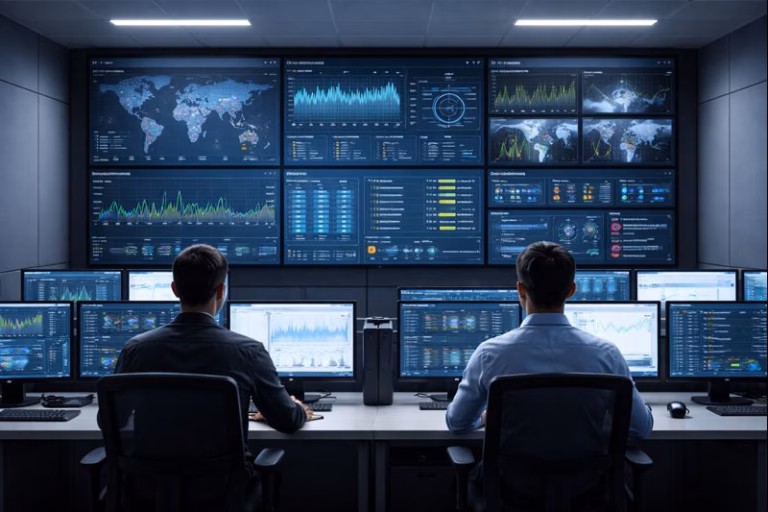 Centro de monitoreo 24/7 con videowall y dashboards de red, energía y seguridad en tiempo real