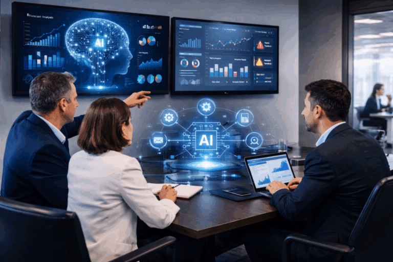 equipo ejecutivo analizando datos y utilizando inteligencia artificial empresarial para decisiones estratégicas de negocio