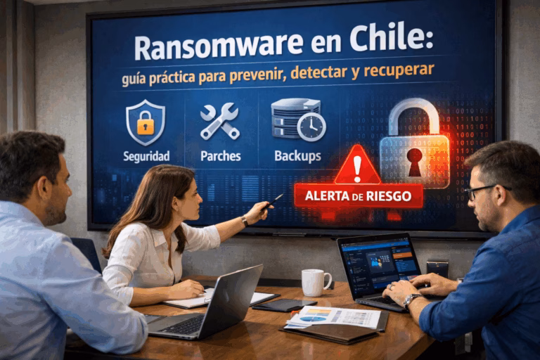 Equipo de TI revisando un plan de prevención y recuperación ante ransomware en Chile en una sala de reuniones