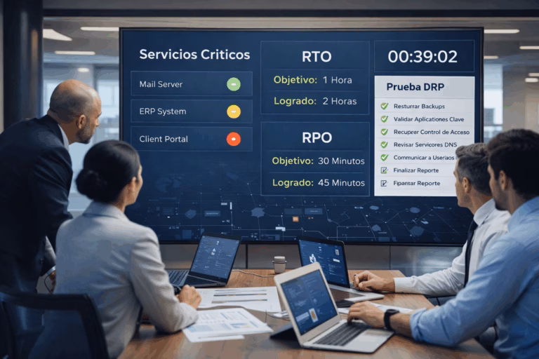 pruebas DRP en Chile con métricas RTO y RPO en tablero de continuidad operativa