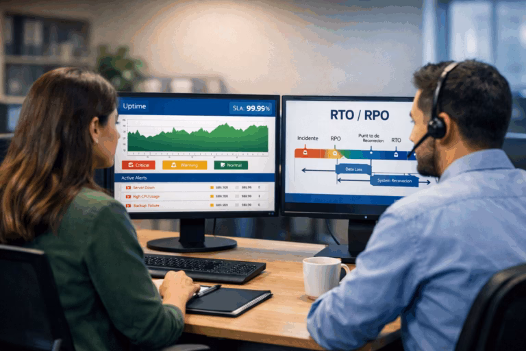Equipo ProRedes monitoreando continuidad operativa con métricas de disponibilidad y RTO/RPO