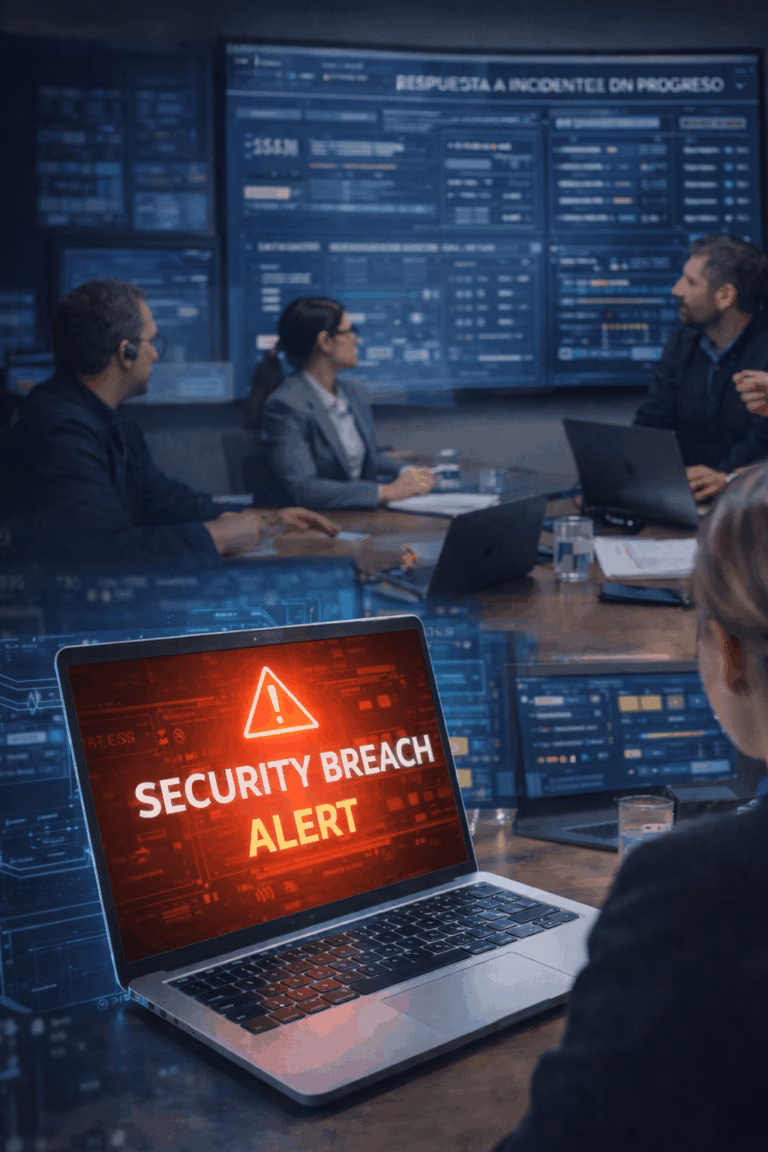 Equipo TI gestionando una alerta crítica en una sala de operaciones